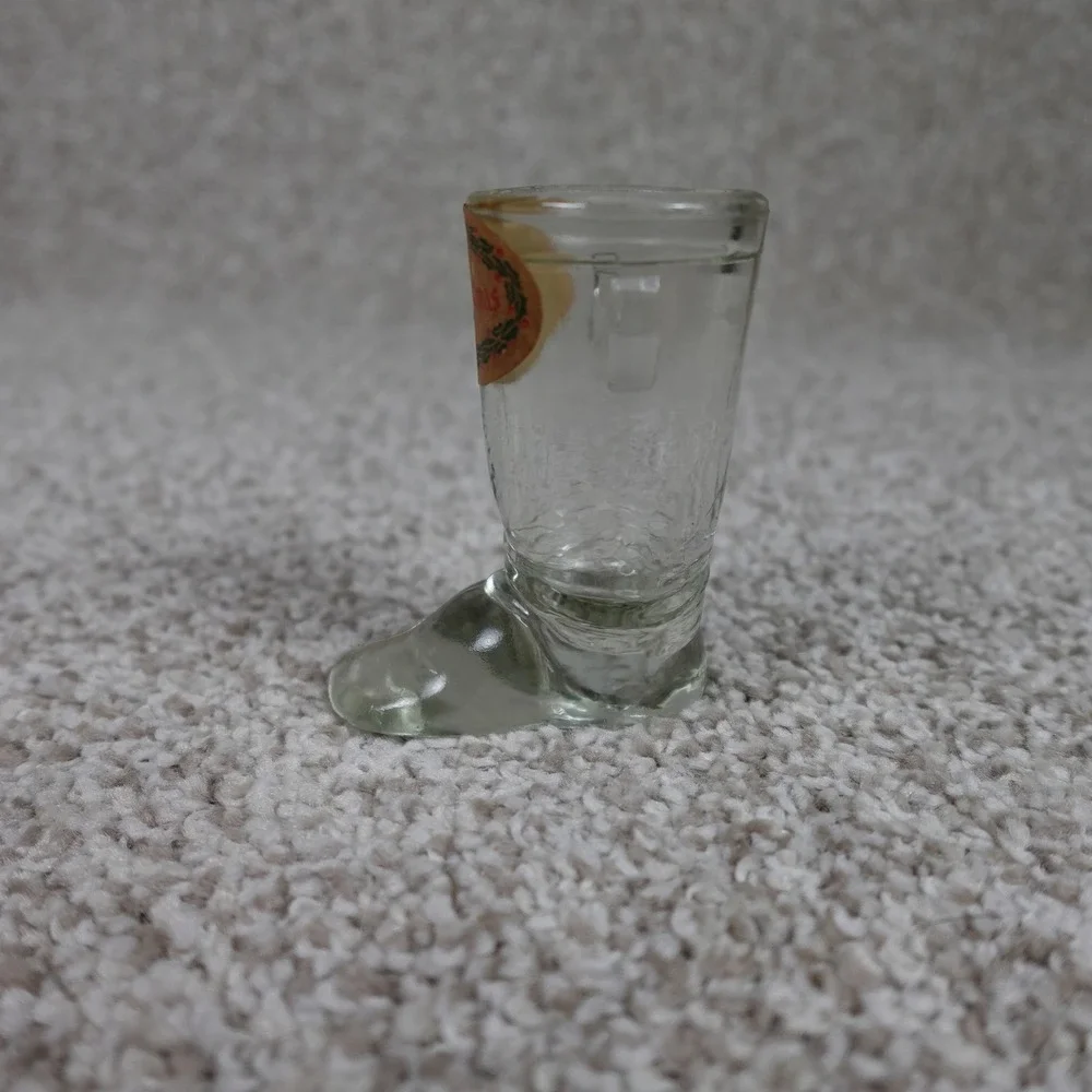 Vintage Merry Christmas Glass Boot Shot Glass Holly Wreath Label 3 Inch
